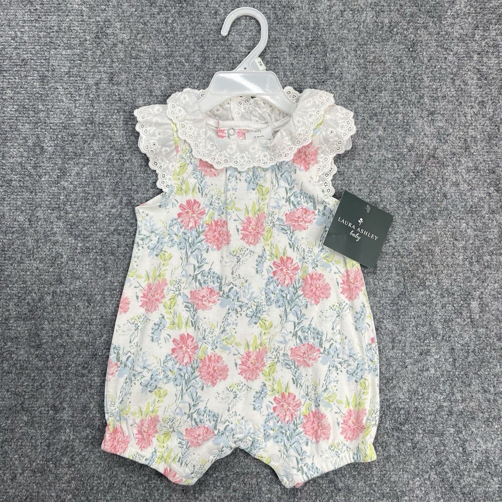 Laura Ashley Baby One Piece Romper 12 Months Eyelet Trim Cotton NEW W Tags